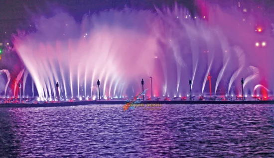Bangladesch Moderner großer Seebrunnen Wasser tanzende Musik schwimmende Brunnen im Freien mit Lichtern